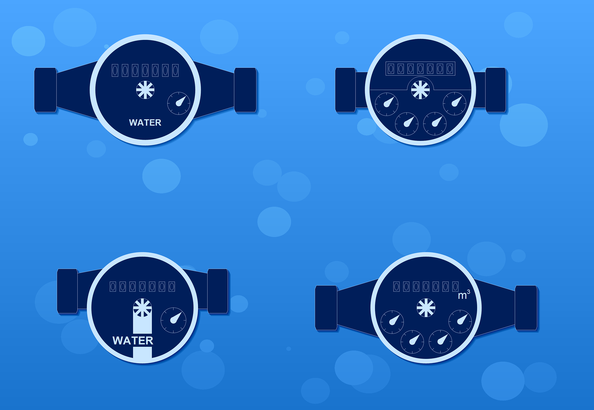 Vier stilisierte Wasserzähler auf blauem Hintergrund