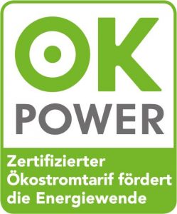 OK Power Siegel für zertifizierten Ökostromtarif, der die Energiewende fördert